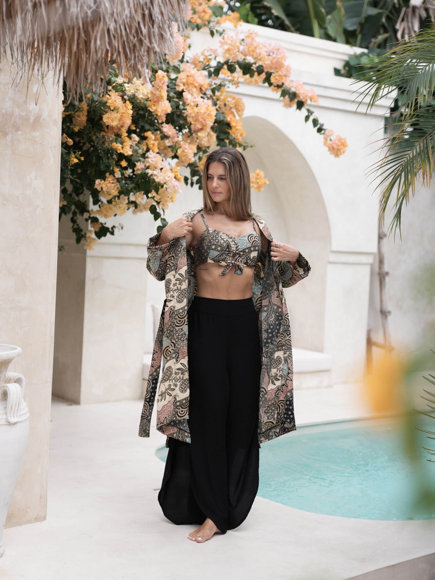 Batik Tanah top, Bayu pants and Sari kimono in Rosa Salvia